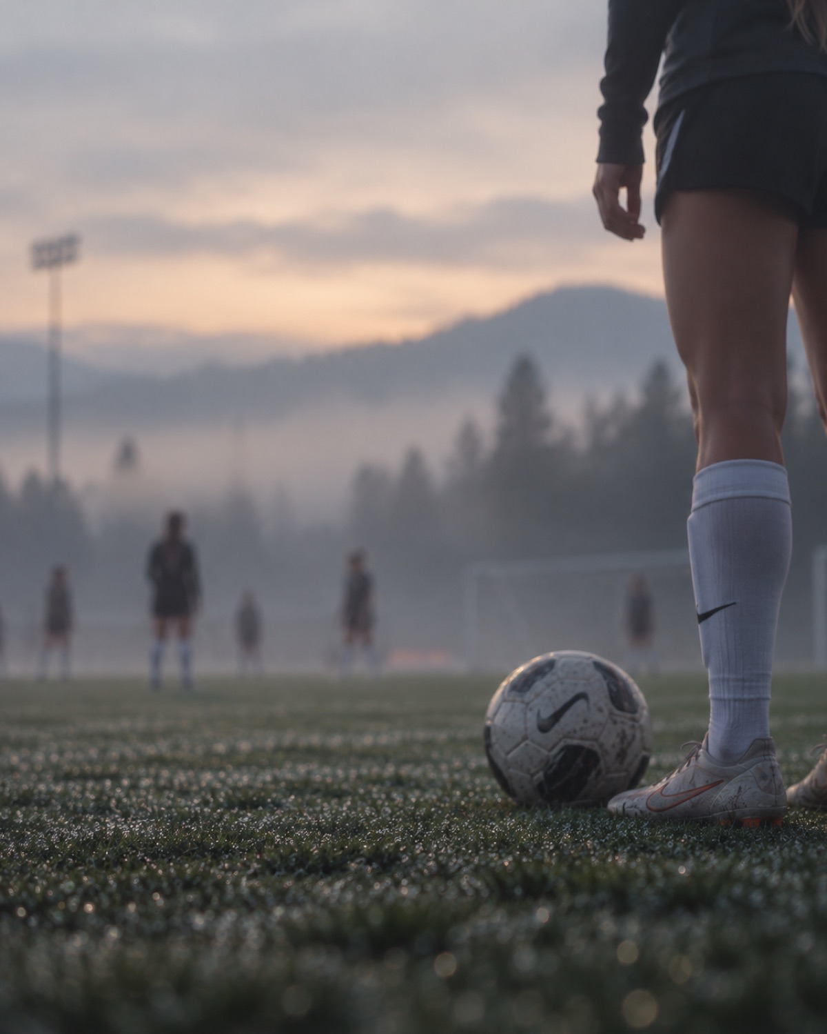 A player stands over the ball at misty dawn as teammates warm up in the distance